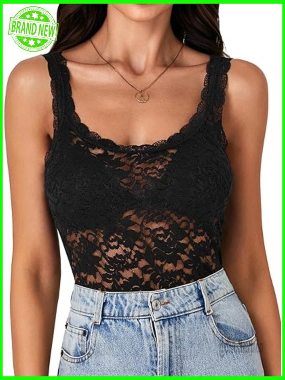 Women's Floral Lace Scallop Strap Sleeveless Sheer Tank Top Cami
